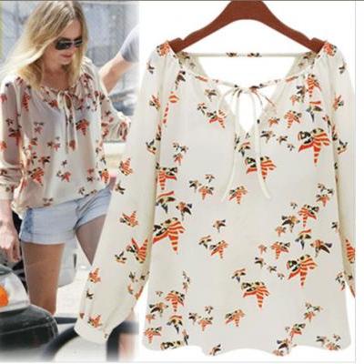 V-neck long-sleeved colored pigeon tether chiffon shirt
