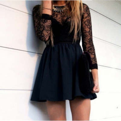 Free shipping!! Black lace hollow backless dress