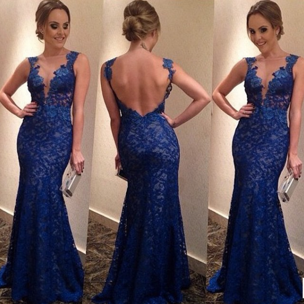 Blue Lace Halter V-Neck Fit And Flare Prom Dress